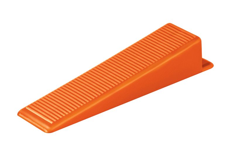 Cuna plástica para nivelador de azulejo Truper de 100 unidades y 2 mm, pieza individual de color naranja en vista lateral