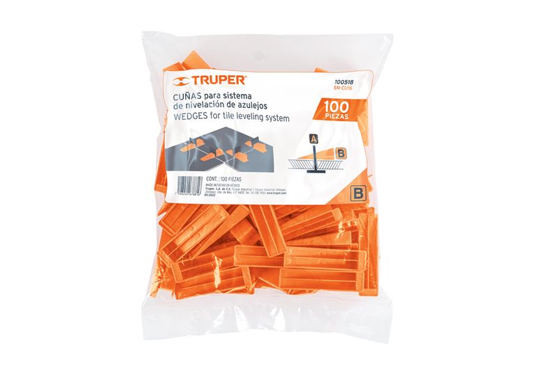 Cuna plástica para nivelador de azulejo Truper de 100 unidades y 2 mm, paquete transparente con cuñas color naranja