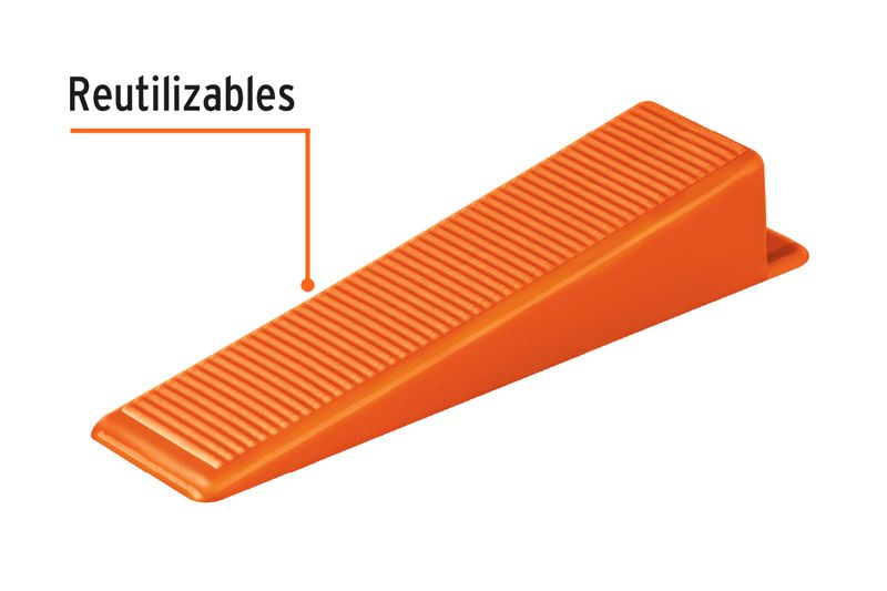 Cuna plástica para nivelador azulejo Truper de 100 unidades y 2 mm, primer plano de una pieza naranja con texto reutilizables
