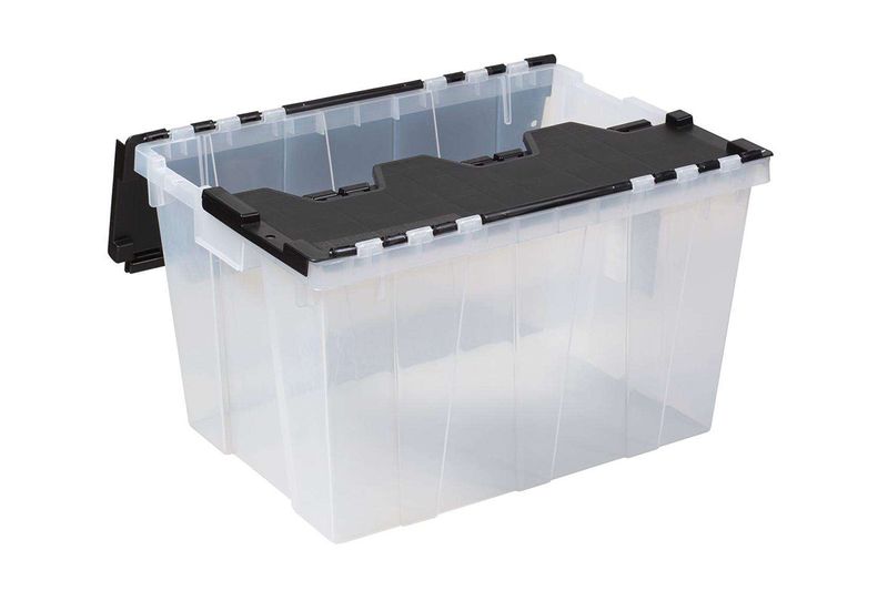 Caja organizadora negro/transparente 12 galones GreenMade, vista desde arriba con la tapa negra parcialmente abierta