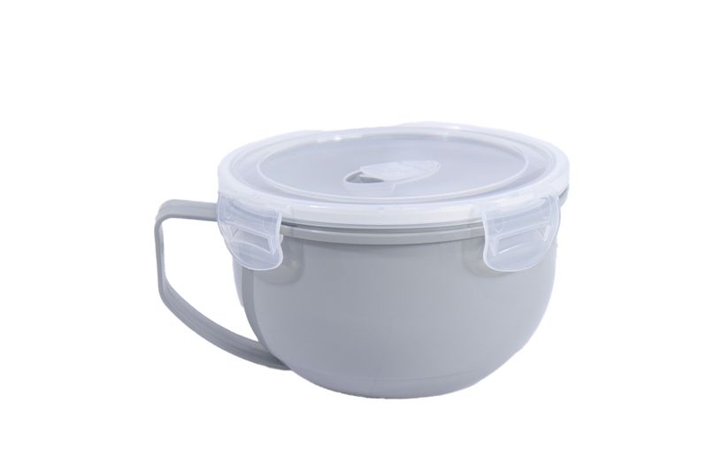 Taza microwave 1 l Koopman, vista lateral del recipiente gris con tapa plástica transparente y asa