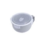 Taza microwave 1 l Koopman, vista superior diagonal del recipiente gris con tapa plástica translúcida y cierre