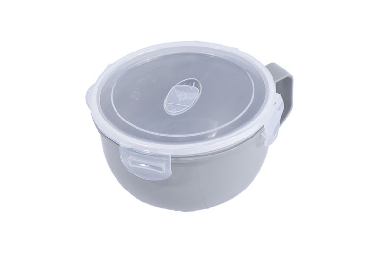 Taza microwave 1 l Koopman, vista superior diagonal del recipiente gris con tapa plástica translúcida y cierre