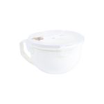 Taza microwave 1 l Koopman, vista lateral del recipiente blanco con asa y tapa plástica translúcida