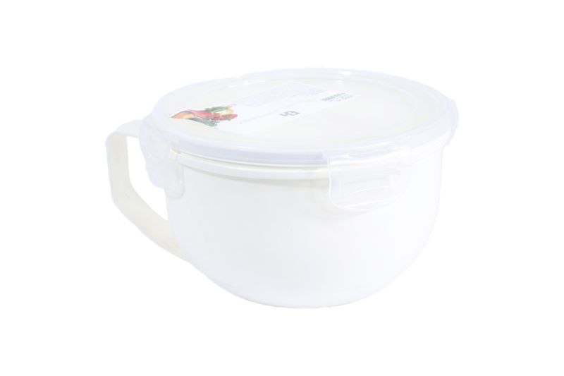 Taza microwave 1 l Koopman, vista lateral del recipiente blanco con asa y tapa plástica translúcida