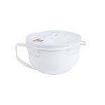 Taza microwave 1 l Koopman, vista frontal del recipiente blanco con tapa plástica transparente y asa lateral