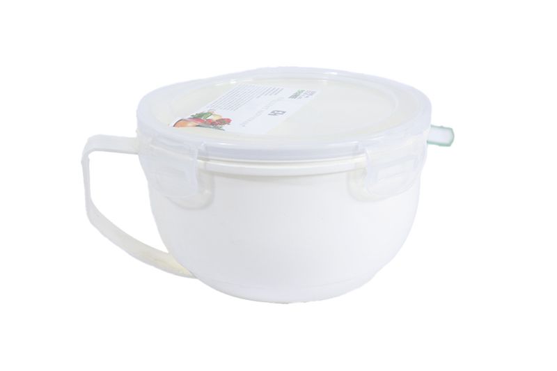 Taza microwave 1 l Koopman, vista frontal del recipiente blanco con tapa plástica transparente y asa lateral