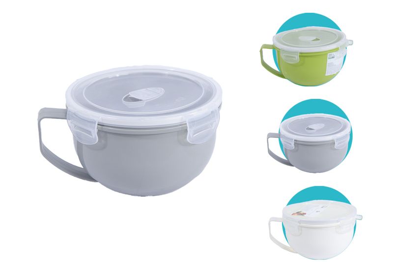 Taza microwave 1 l surt Koopman, conjunto de tazas en colores gris, verde y blanco con tapas transparentes