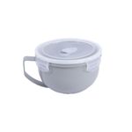 Taza microwave 1 l Koopman, vista lateral de la taza gris con tapa plástica transparente y asa