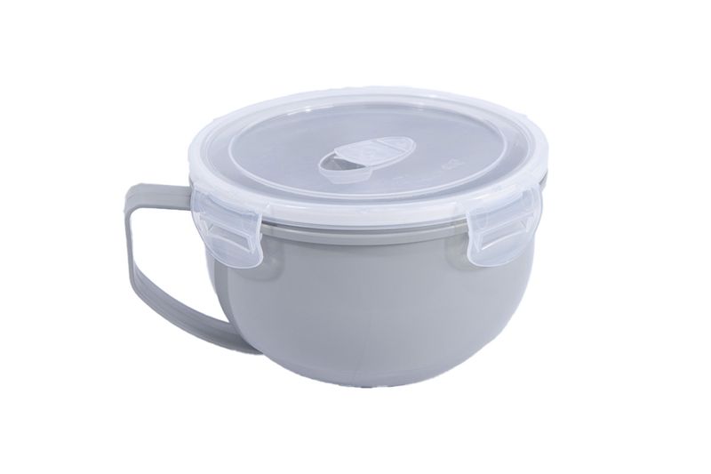 Taza microwave 1 l Koopman, vista lateral de la taza gris con tapa plástica transparente y asa