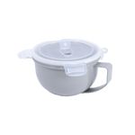 Taza microwave 1 litro Koopman, vista frontal del recipiente gris con tapa plástica transparente y asa
