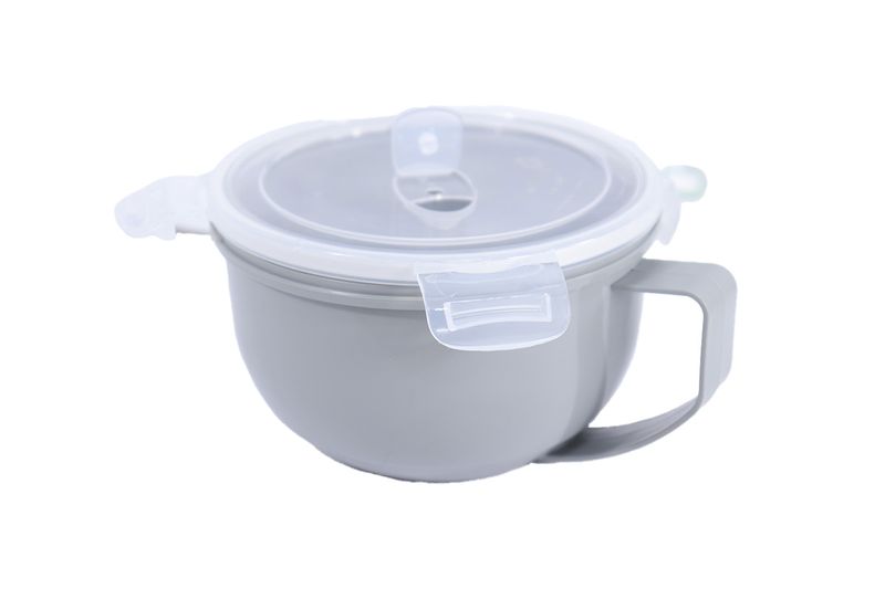 Taza microwave 1 litro Koopman, vista frontal del recipiente gris con tapa plástica transparente y asa