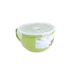 Taza microwave 1 L Koopman, recipiente verde con tapa translúcida y etiqueta blanca informativa