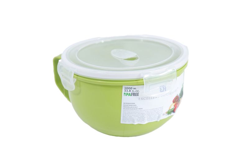 Taza microwave 1 L Koopman, recipiente verde con tapa translúcida y etiqueta blanca informativa