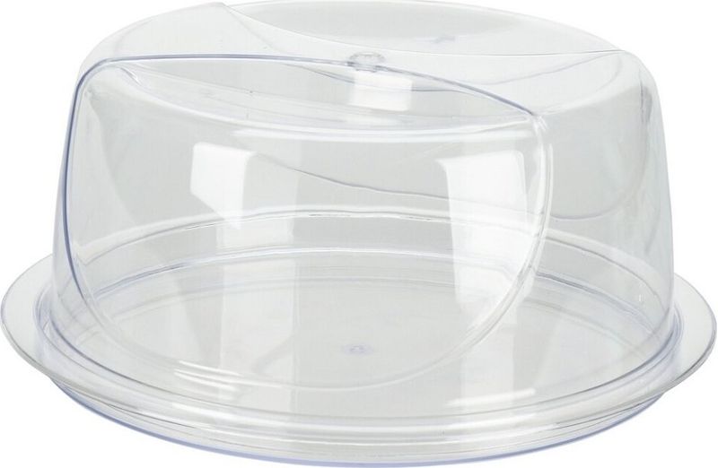 Plato para tarta con tapa 34 cm transparente Koopman, vista frontal del recipiente vacío y cúpula protectora
