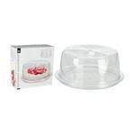 Plato para tarta con tapa 34 cm transparente Koopman, junto a su caja blanca con ilustración de un pastel de fresas