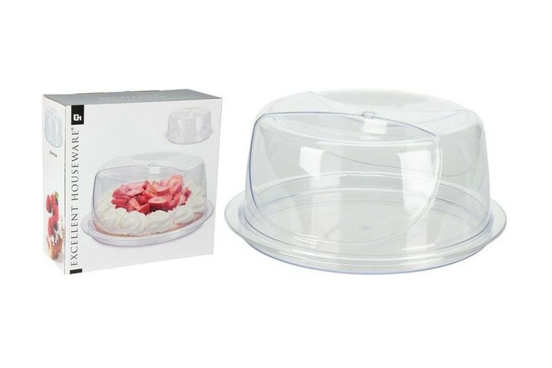 Plato para tarta con tapa 34 cm transparente Koopman, junto a su caja blanca con ilustración de un pastel de fresas