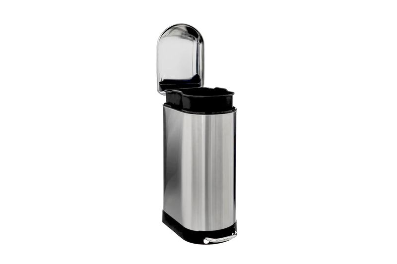 Basurero de pedal 30 L metálico acero inoxidable Ariane 5five, vista frontal con la tapa abierta y el interior negro