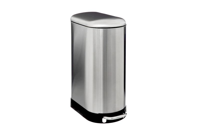 Basurero de pedal 30 L metálico acero inoxidable Ariane 5five, vista frontal del cuerpo cilíndrico y pedal negro