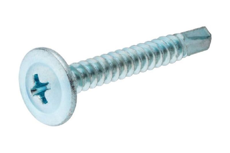 Tornillo para metal arandelado PB 8x1 1 lb Hillman, vista lateral del tornillo plateado con cabeza plana y punta broca
