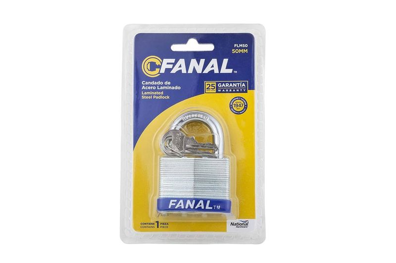 Candado acero laminado 50 mm cuello corto Fanal, en empaque transparente con llaves y tarjeta azul y amarilla