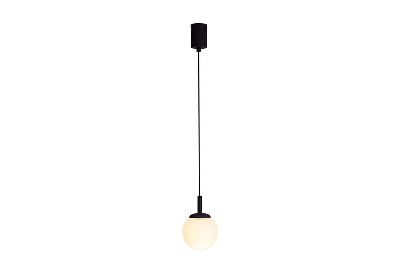 Luminaria colgante Macadamia negro 1 L G9 Blumenau, vista frontal con pantalla globular blanca y cable negro