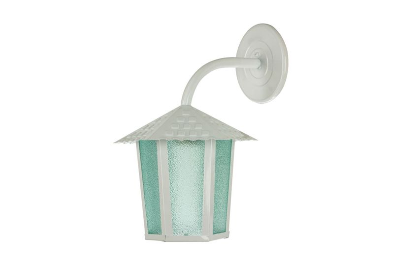 Luminaria pared exterior colonial sextavada 1L E27 blanco Blumenau, vista lateral con brazo curvo y vidrio esmerilado