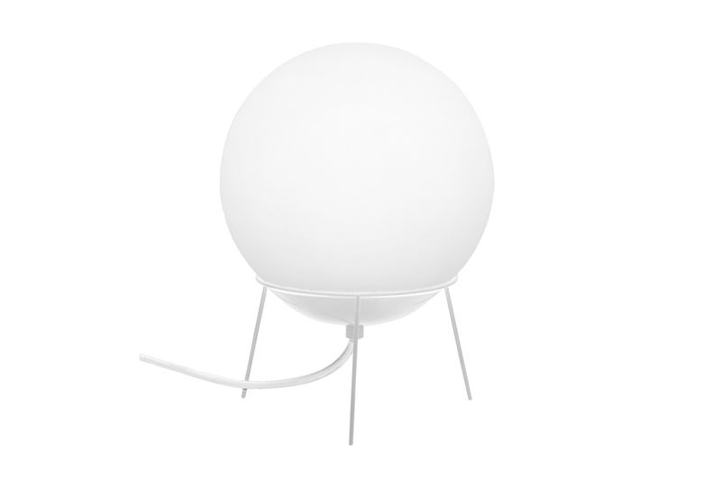 Luminaria de mesa Globb blanco lechoso 1L E27 Blumenau, globo blanco sobre base metálica delgada con cable blanco