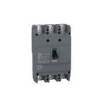 Main breaker EZC 3 polos 150A 480V sin bornes Schneider Electric, vista frontal del interruptor gris con palanca negra