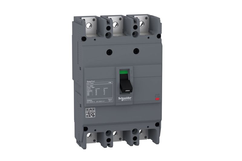 Main breaker EZC 3 polos 150A 480V sin bornes Schneider Electric, vista frontal del interruptor gris con palanca negra