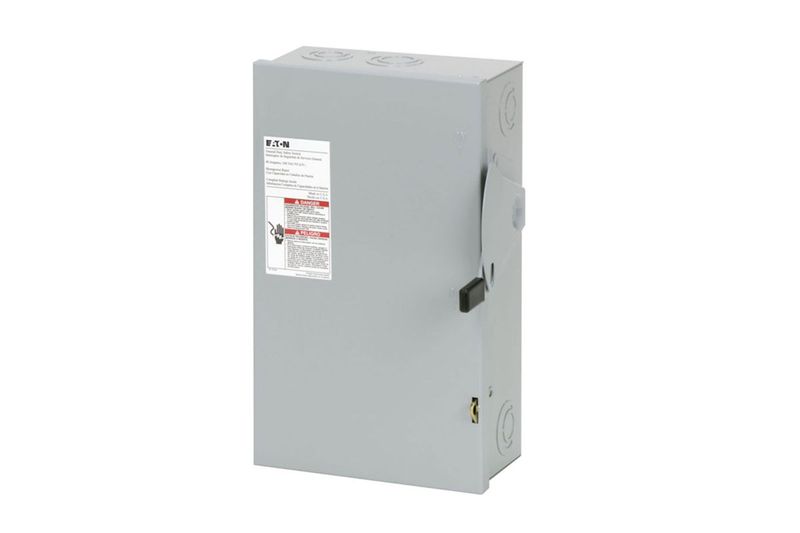Interruptor de seguridad 3P sin fusible NEMA 1 CH 60 amp Eaton, vista frontal en color gris con palanca de accionamiento