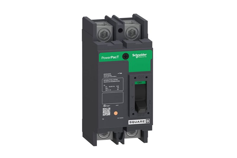 Breaker atornillable 2P para base de medidor 120-240V Square D de 70 amp, vista frontal del dispositivo eléctrico negro