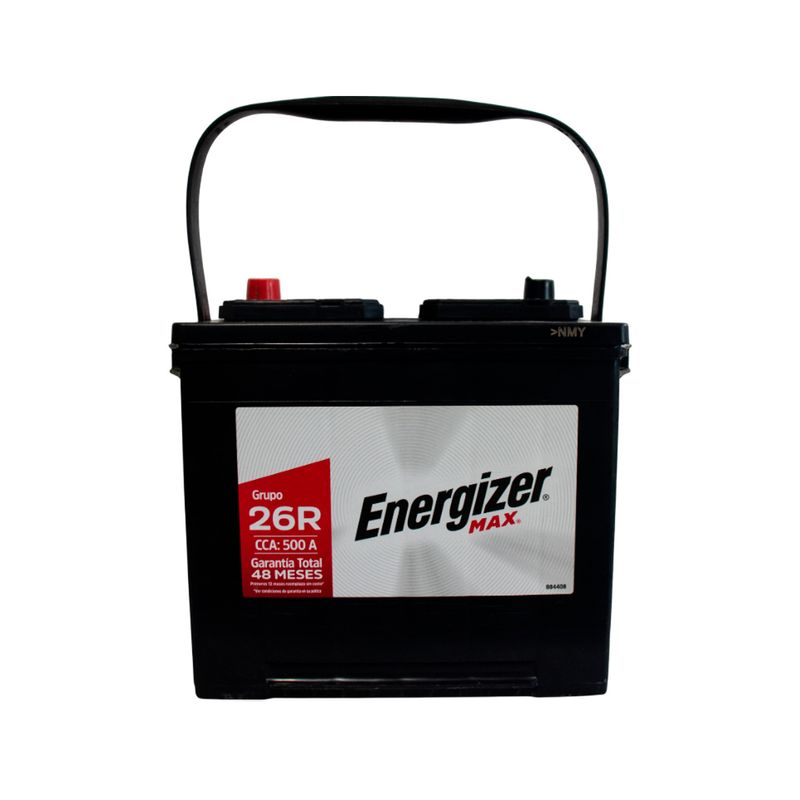 Batería Energizer Max EP-26R-500, CCA 500 amp Sinsa, vista frontal con terminales y asa de transporte negra