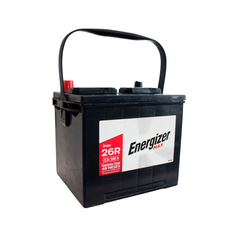 Batería Energizer Max EP-26R-500, CCA 500 amp Sinsa, vista frontal en ángulo con asa negra y terminal rojo