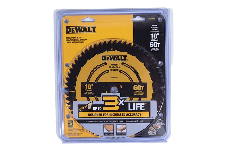 Disco para madera 10 pulgadas 60 DT DeWALT, disco circular amarillo dentro de su empaque plástico transparente