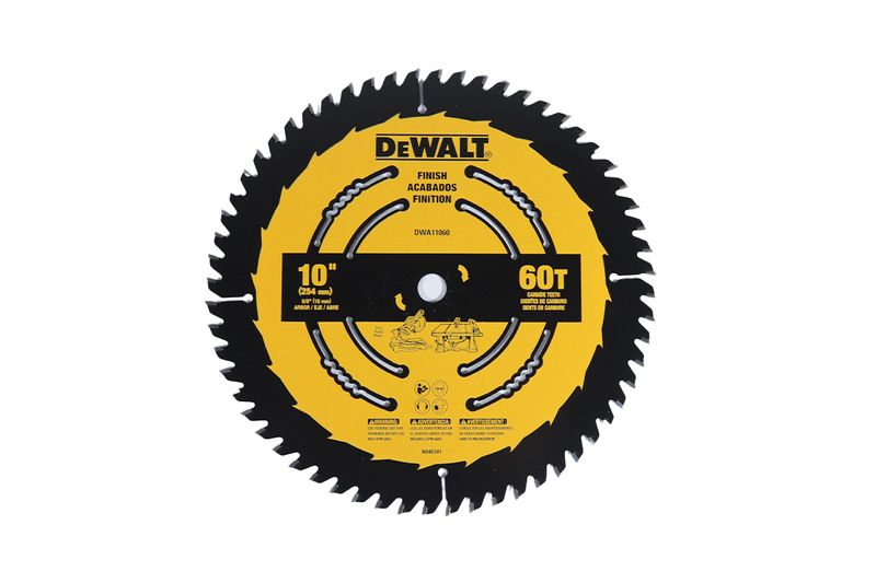 Disco para madera 10 pulgadas 60 DT DeWalt, vista frontal del disco amarillo con detalles técnicos y advertencias