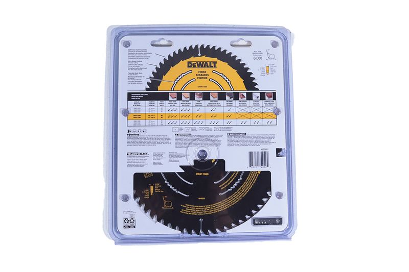 Disco para madera 10 pulgadas 60 DT DeWALT, en su empaque plástico con tabla de aplicaciones y especificaciones técnicas