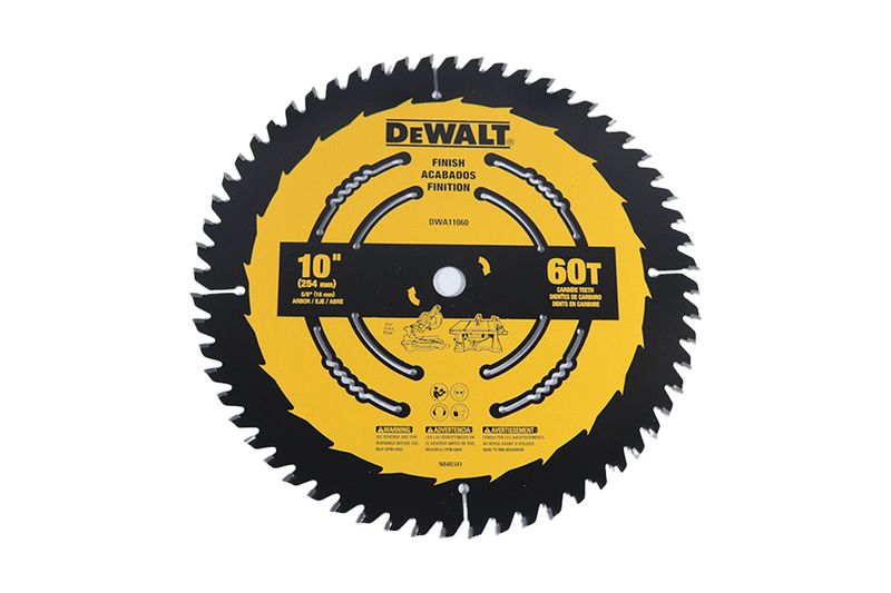 Disco para madera 10 pulgadas 60 DT DeWALT, vista frontal del disco amarillo y negro con especificaciones técnicas