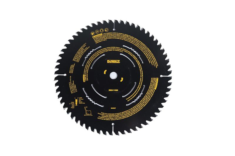 Disco para madera 10 pulgadas 60 DT DeWALT, vista frontal del disco negro con letras amarillas y código DWA11060