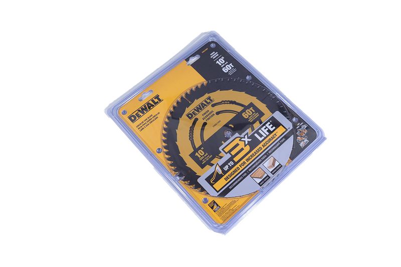 Disco para madera 10 pulgadas 60 DT DeWalt, empaque plástico transparente con tarjeta amarilla y negra