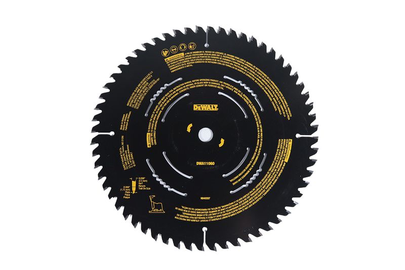 Disco para madera 10 pulgadas 60 DT DeWALT, vista frontal detallada del centro con el código DWA11060