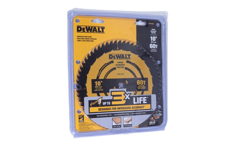 Disco para madera 10 pulgadas 60DT DeWALT, en empaque plástico transparente con tarjeta amarilla