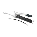 Engrasadora Stanley de 14 onzas, vista lateral completa con manguera flexible negra y boquilla metálica