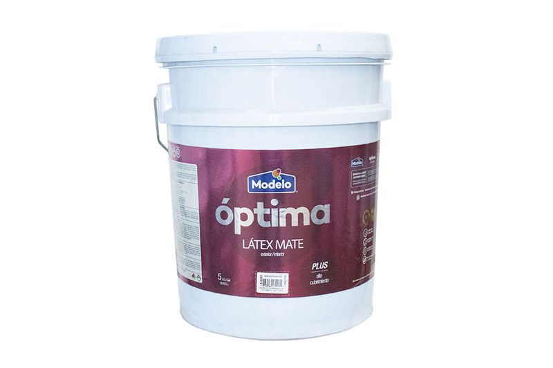 Pintura óptima látex mate azul celeste cubeta Modelo, vista frontal del envase blanco con etiqueta color borgoña