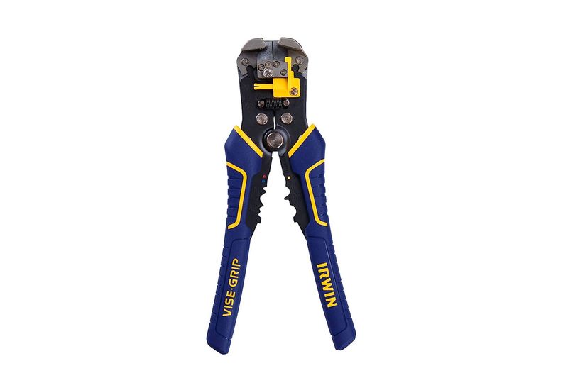 Tenaza pelacable ajustable Irwin de 8 pulgadas, vista frontal con mangos azules y detalles amarillos
