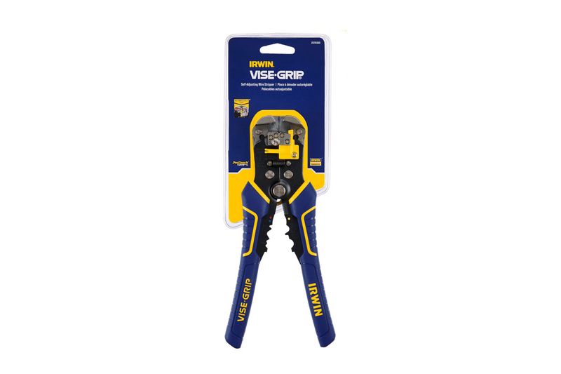 Tenaza pelacable ajustable Irwin de 8 pulgadas, en su empaque con mango azul y amarillo