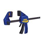 Prensa barra Irwin de 12 pulgadas, detalle lateral del mango ergonómico azul y barra metálica negra