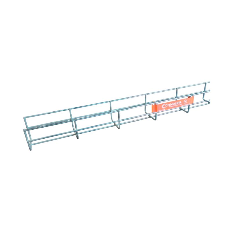 Bandeja tipo rejilla 50x50x3000 mm Condufil, vista en perspectiva del tramo metálico con etiqueta naranja