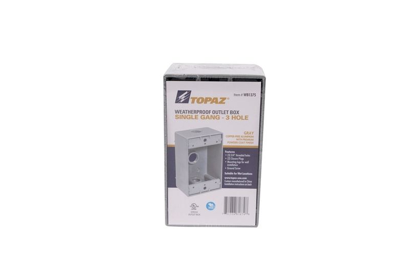 Caja de registro 2x4x3/4 Rawelt para intemperie, empaque de cartón con ilustración del producto en color gris