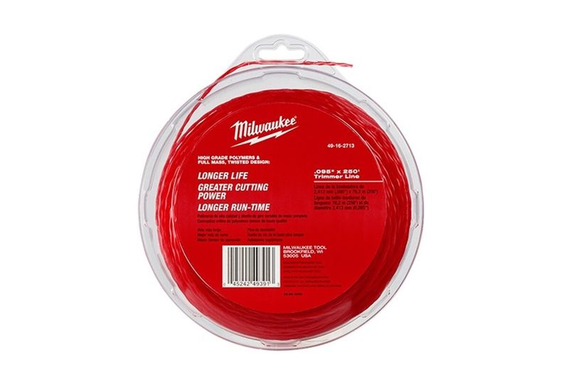 Hilo para desbrozadora 2.4 mm x 76 m Milwaukee, enrollado en envase circular transparente con etiqueta roja